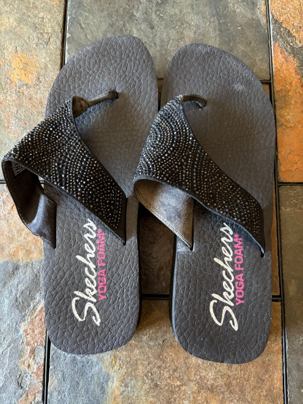 Skechers Vinyasa Stone Candy Black Rhinestone Wedge Sandals Women's Size 8